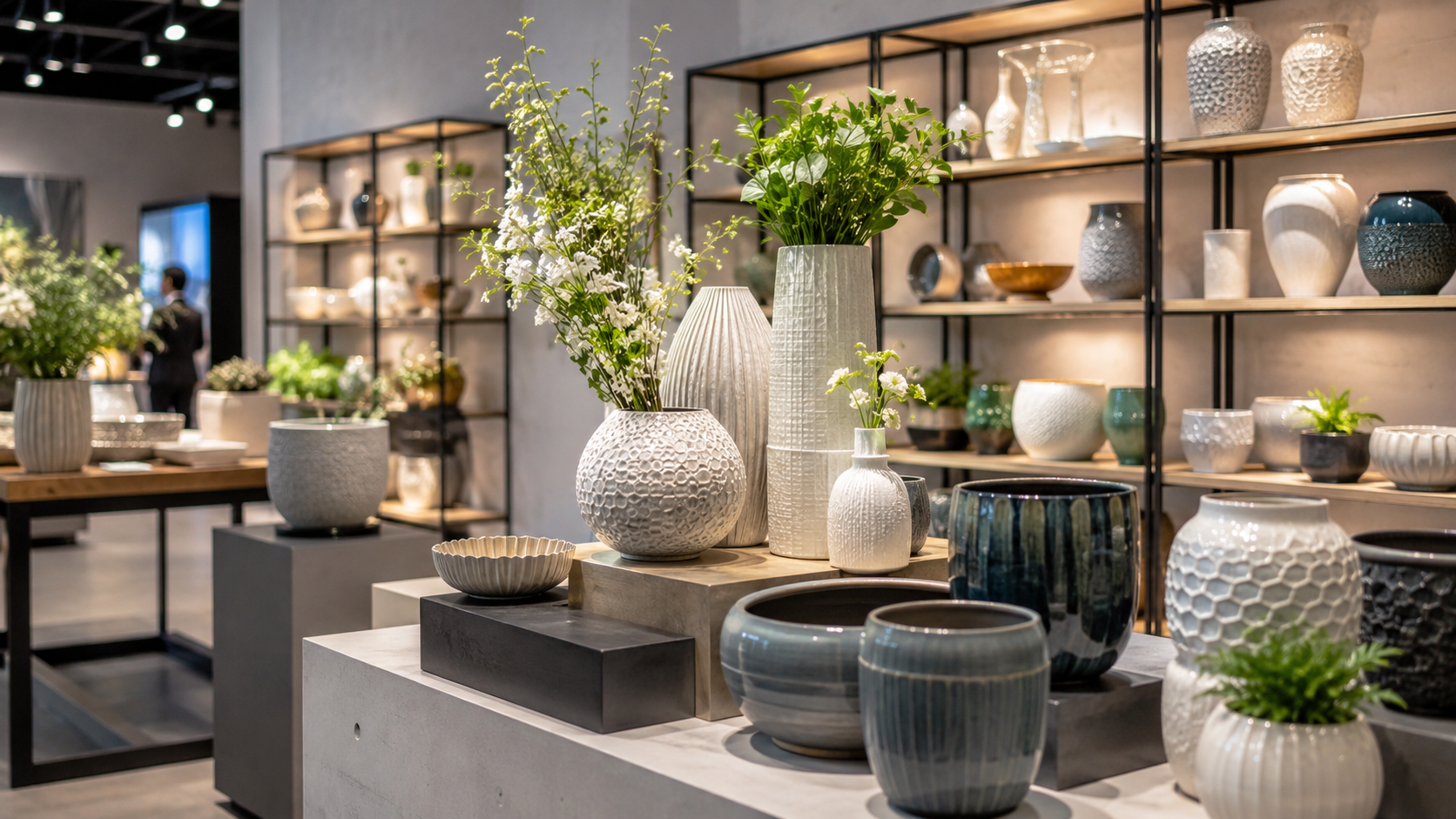 Premium ceramic vases and planters displayed in a modern showroom