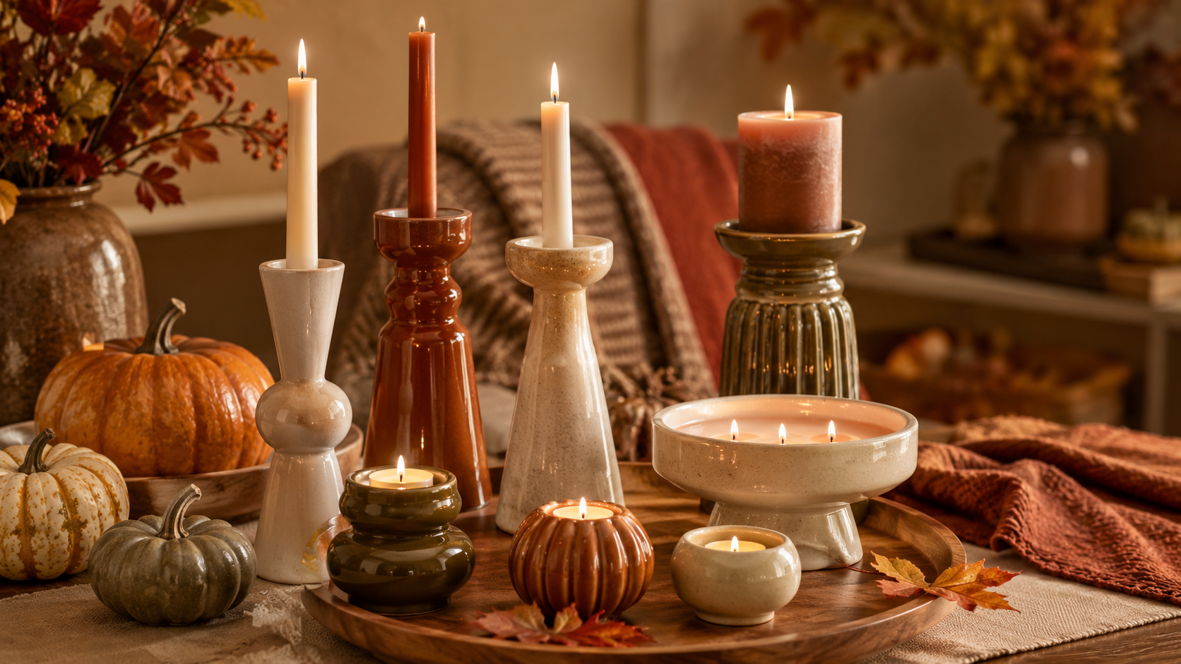 Ceramic candle holders arranged in a warm layered fall home decor display