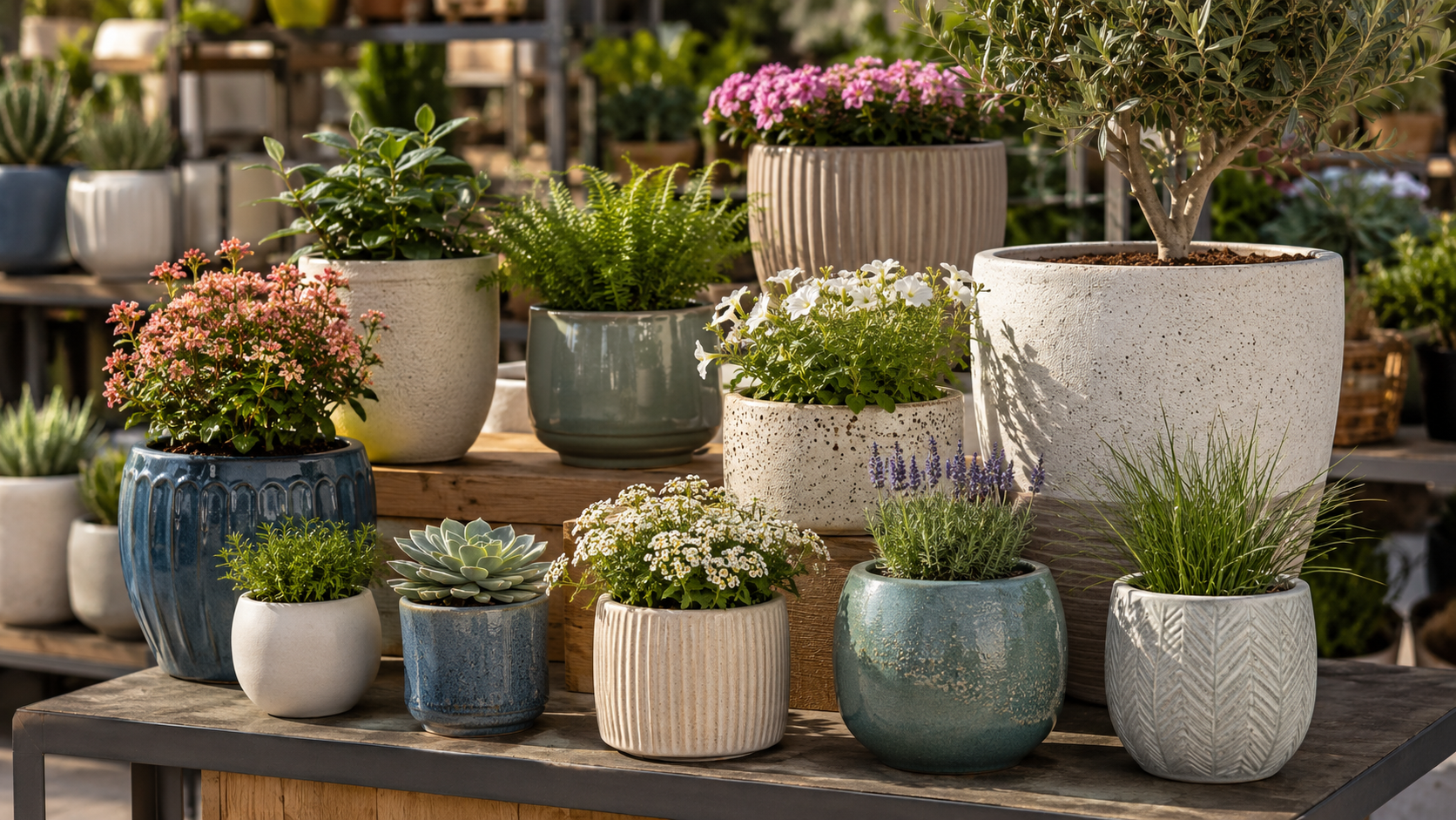 Ceramic planter assortment for garden center retail display