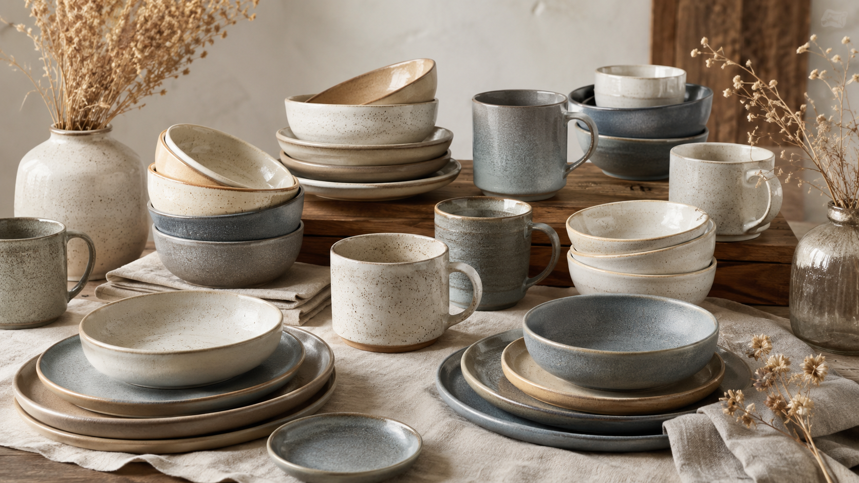 Coordinated ceramic bowls, plates and mugs in a neutral mix-and-match tableware collection