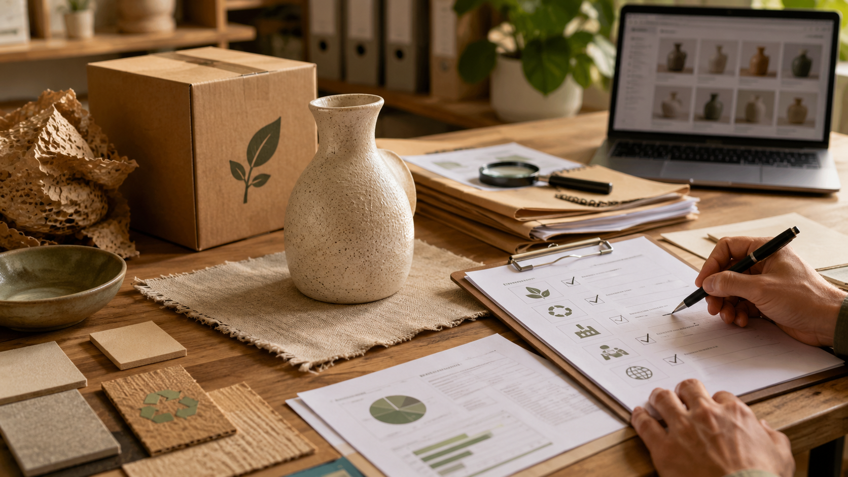 Buyer reviewing ceramic product and packaging sustainability documentation