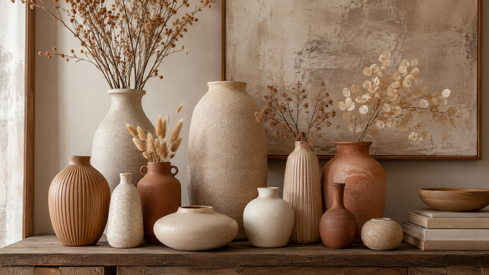 Warm neutral ceramic vase assortment arranged in layered retail display