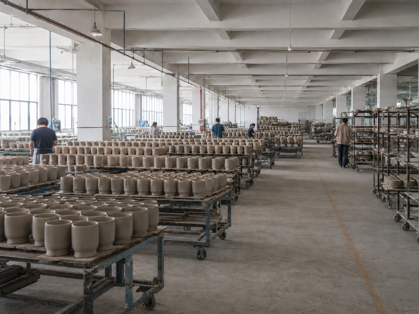 Bisque ceramic bodies arranged on workshop carts before further processing