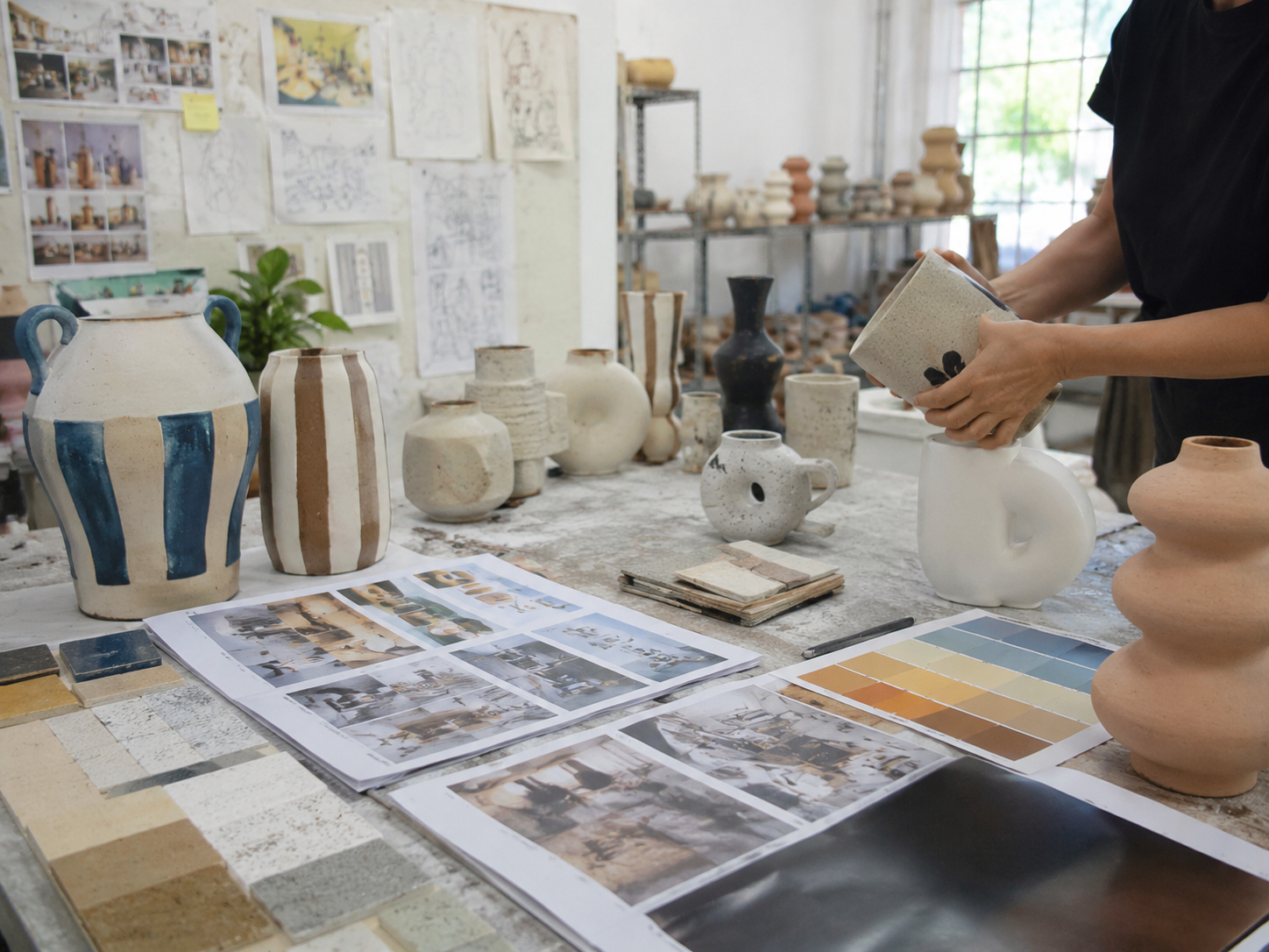 Ceramic sample development table with references, color palettes, and vase samples