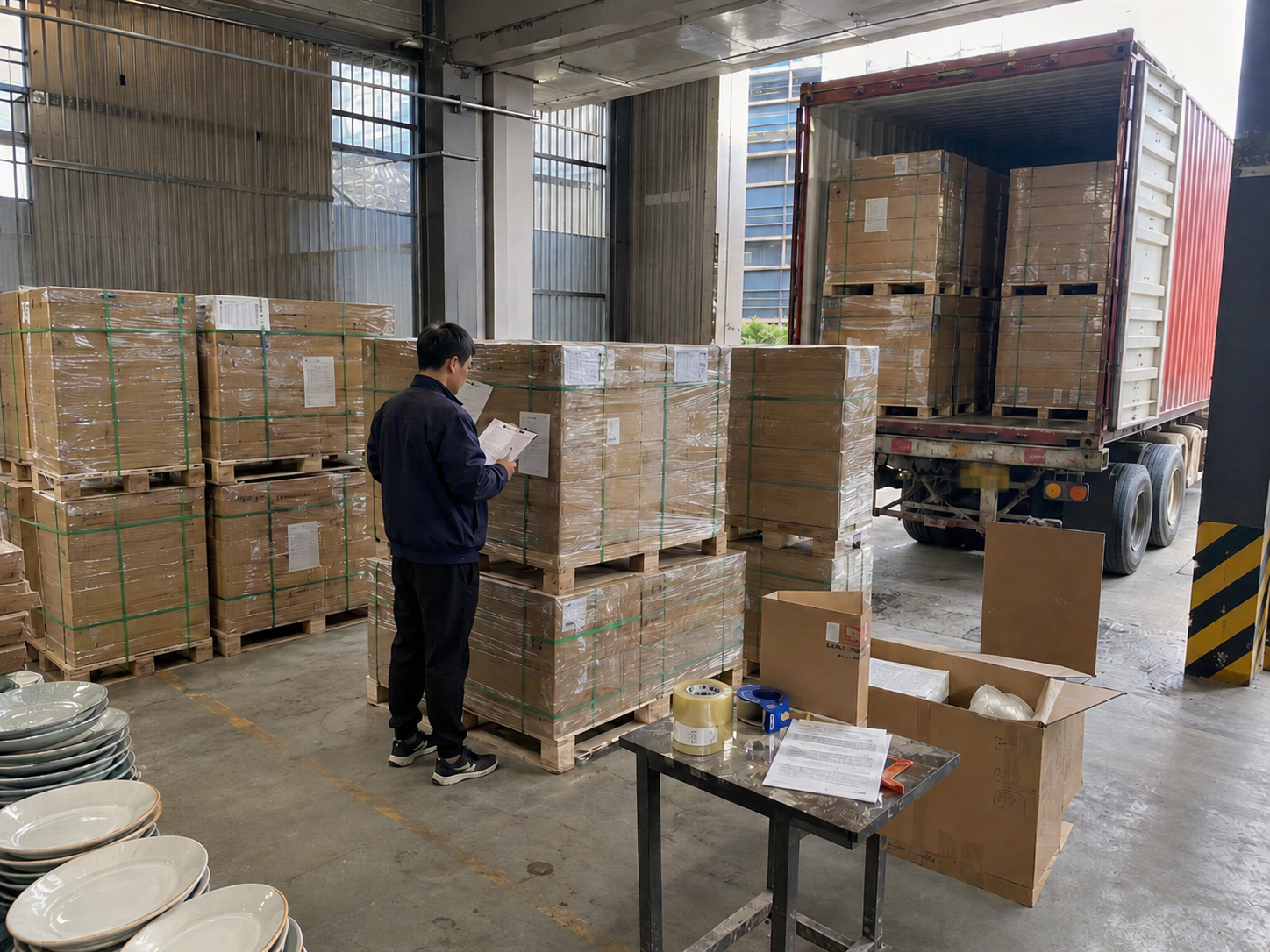 Cartons and pallets prepared for ceramic export shipment loading