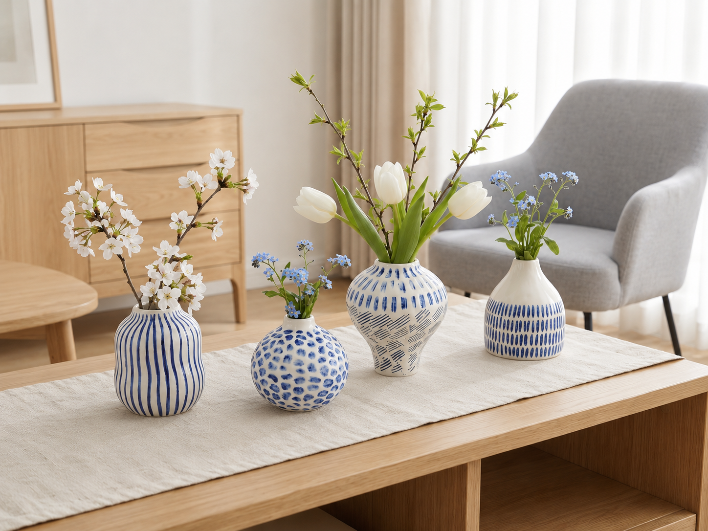 Blue and white ceramic vase collection styled for indoor home decoration