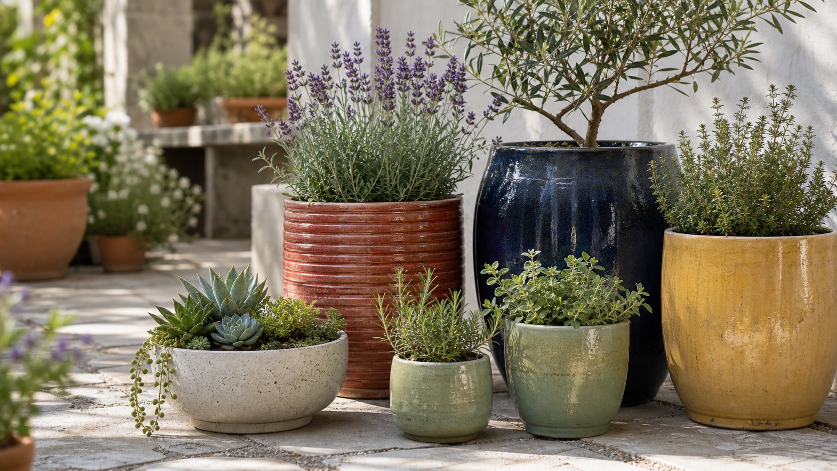 Colorful outdoor ceramic planters styled in a real garden patio scene