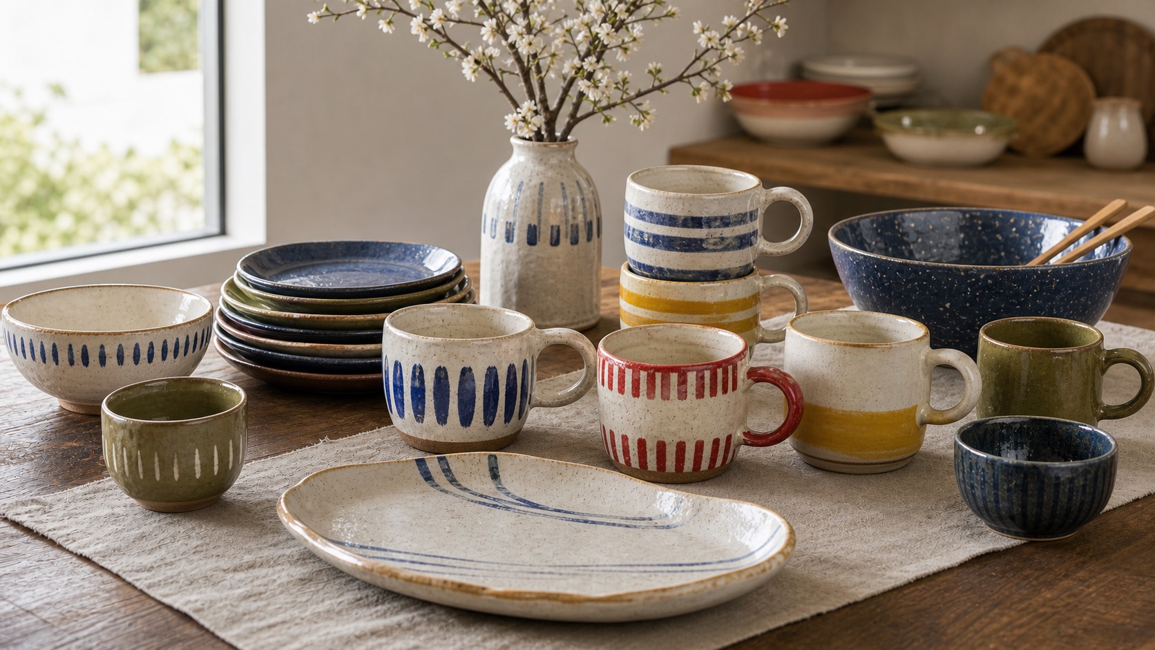 Colorful handmade ceramic mugs, bowls and plates styled on a dining table