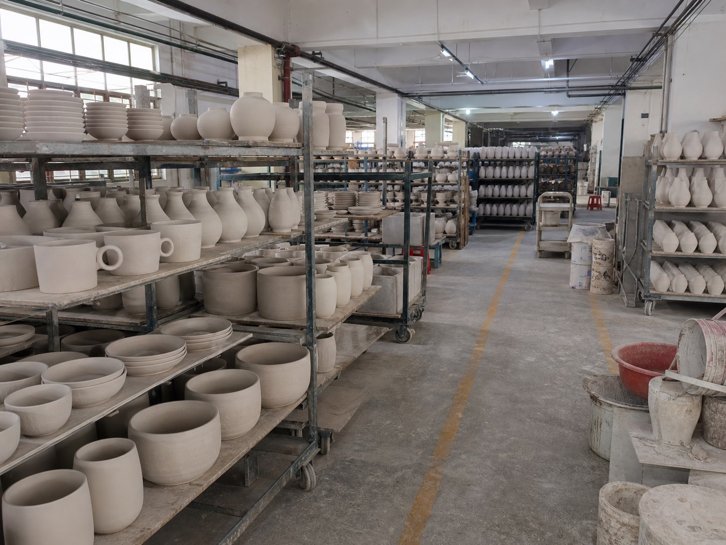 Raw clay and forming in a ceramic production workshop