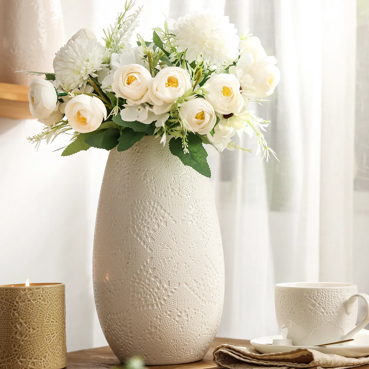 White Embossed Ceramic Vase 1 from the Youli collection by Xiamen Youli