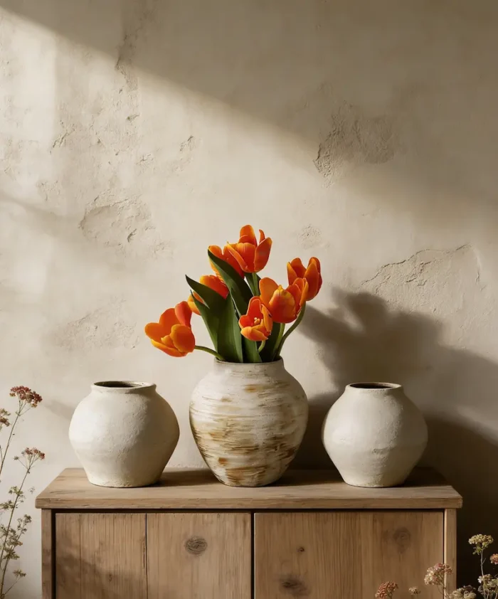 Wabi Sabi Ceramic Vase Trio with Tulips from the Youli collection by Xiamen Youli