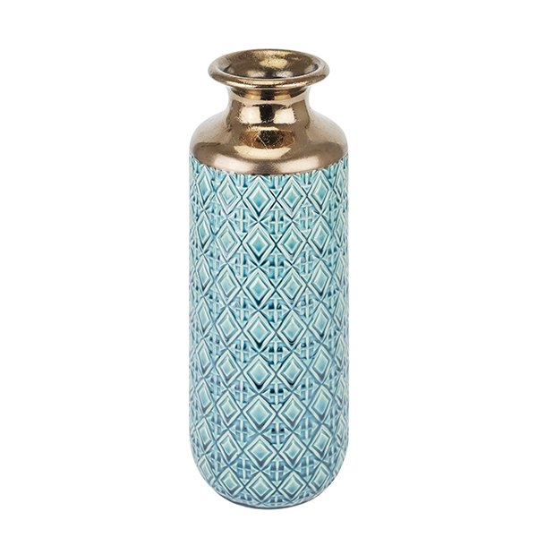 Tall Blue Gold Embossed Ceramic Vase from the Youli collection by Xiamen Youli