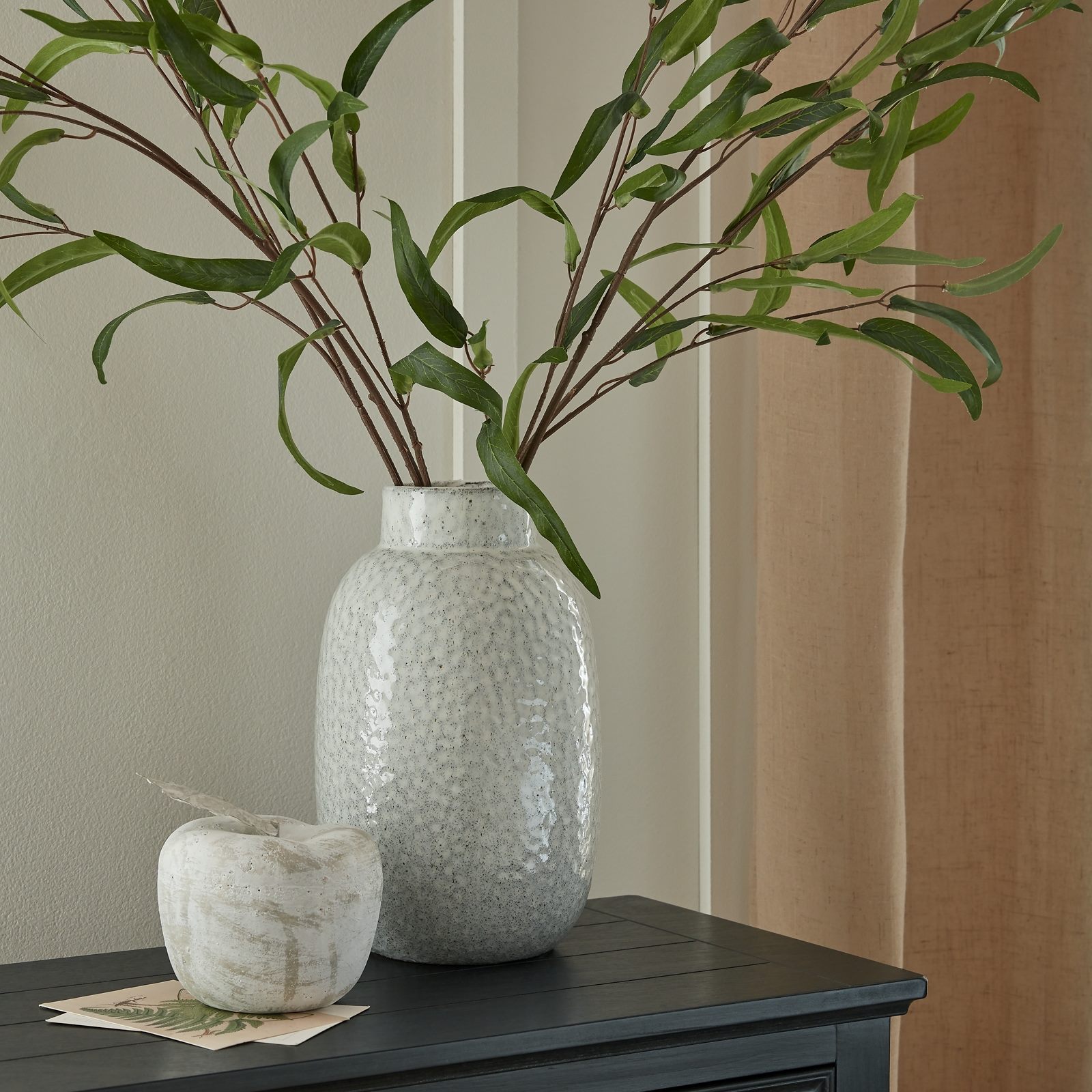 White Crackle Ceramic Vase with Leaves from the Youli collection by Xiamen Youli