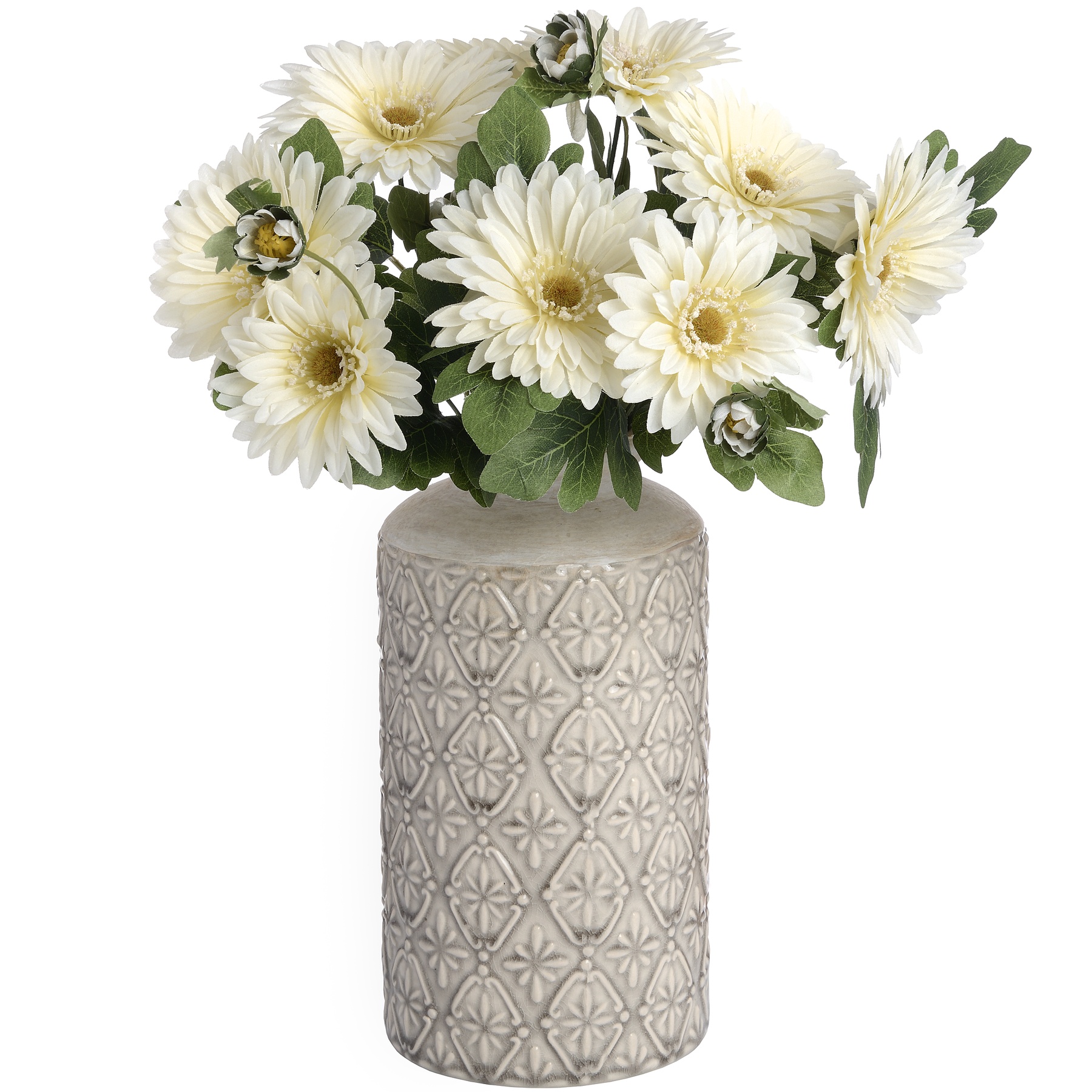 Embossed Stoneware Floral Cylinder Vase from the Youli collection by Xiamen Youli