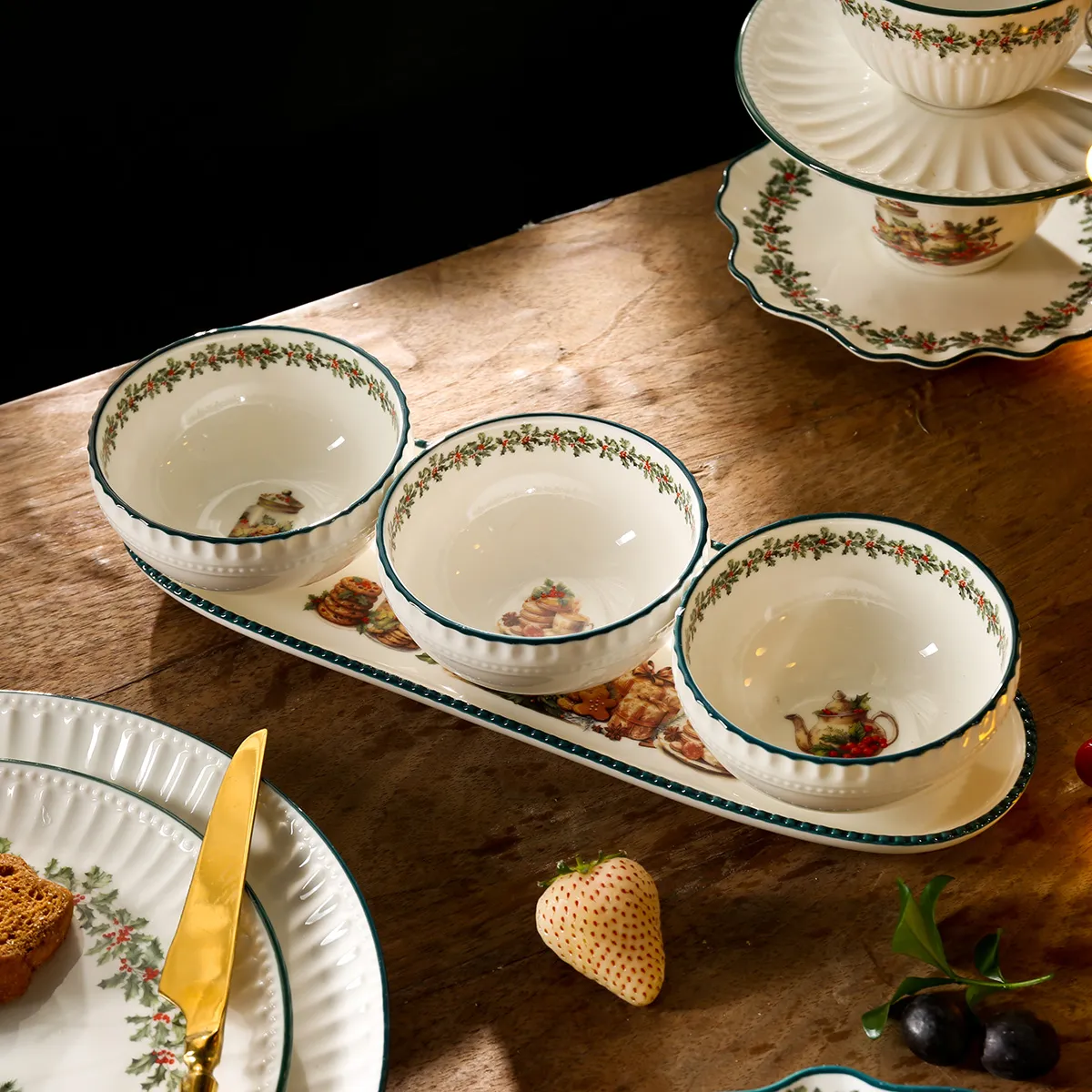 Rustic Holiday Ceramic Bowl and Plate Collection Detail View